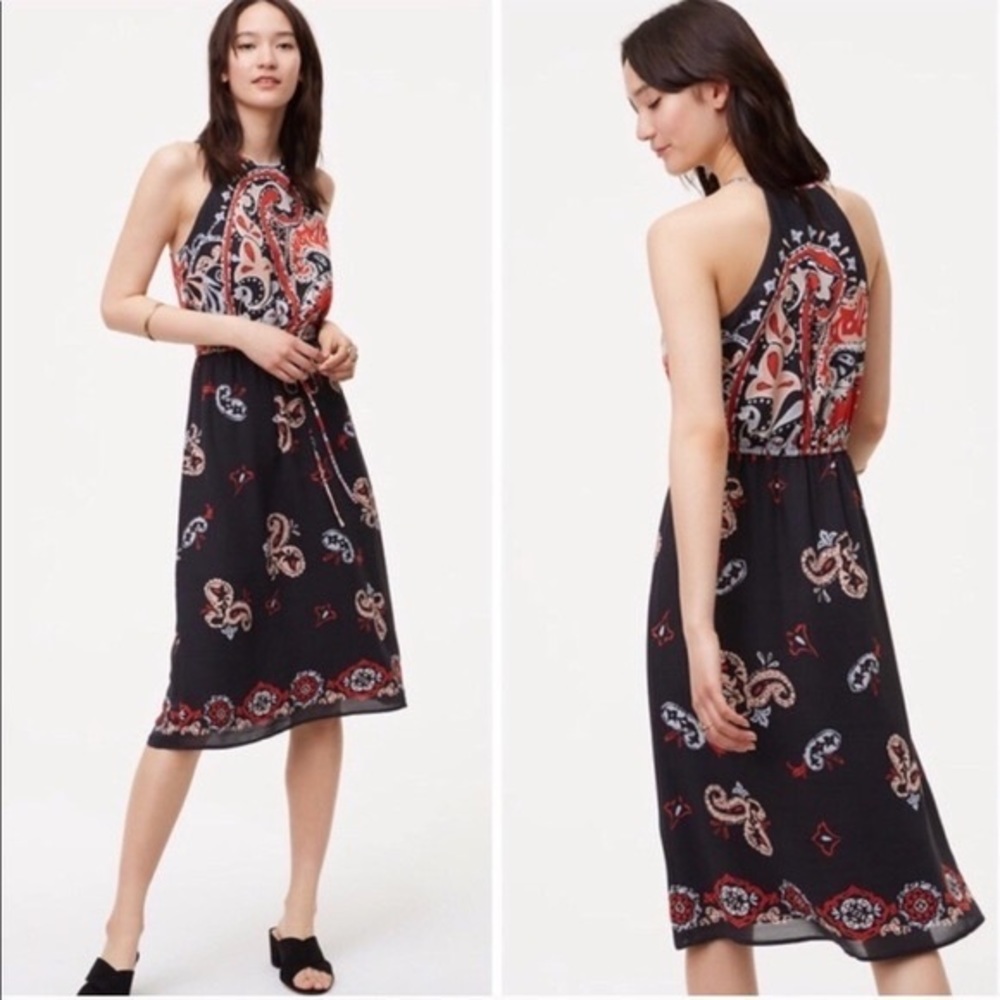 Sleeveless Black Paisley Print Halter Dress